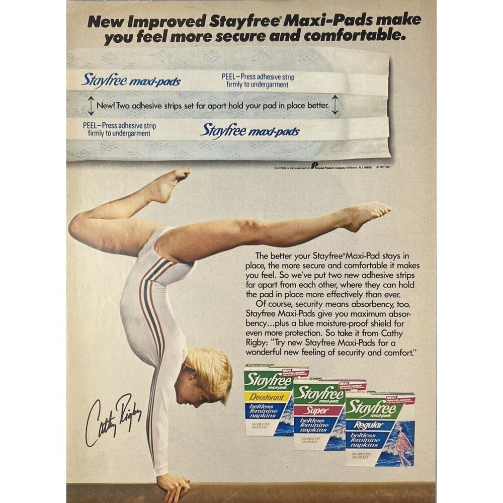 Stayfree maxi-pads "Cathy Rugby Gymnast on Balance Beam" Vintage Print Ad 1981